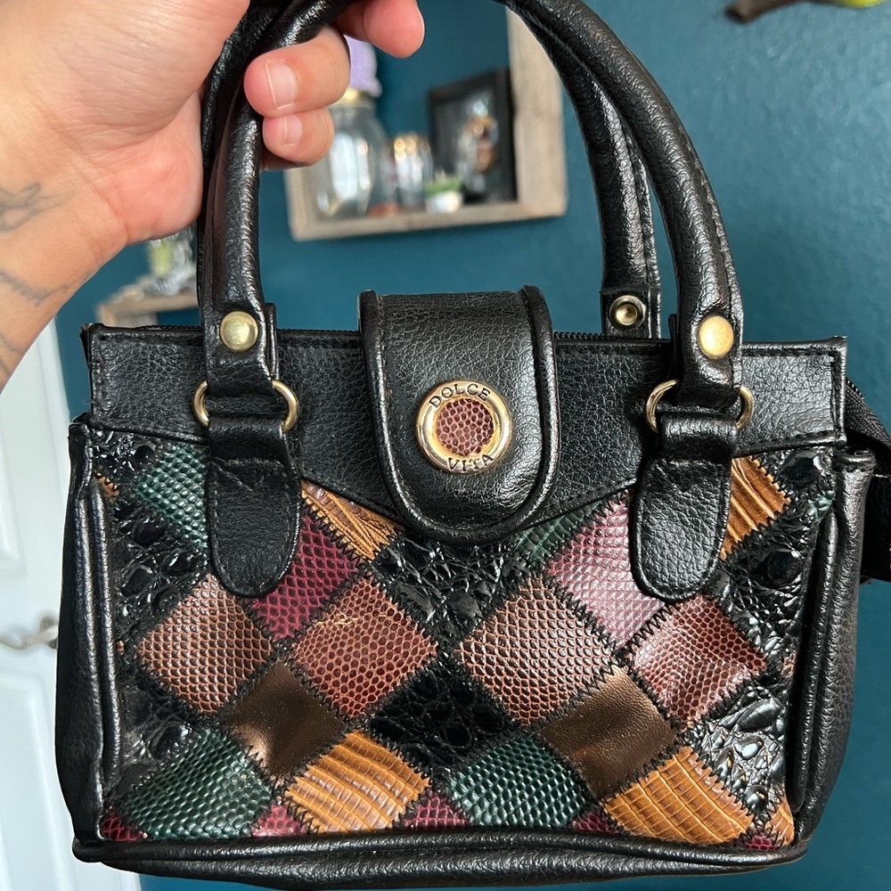 Vtg Mini Leather Patchwork Handbag - image 7